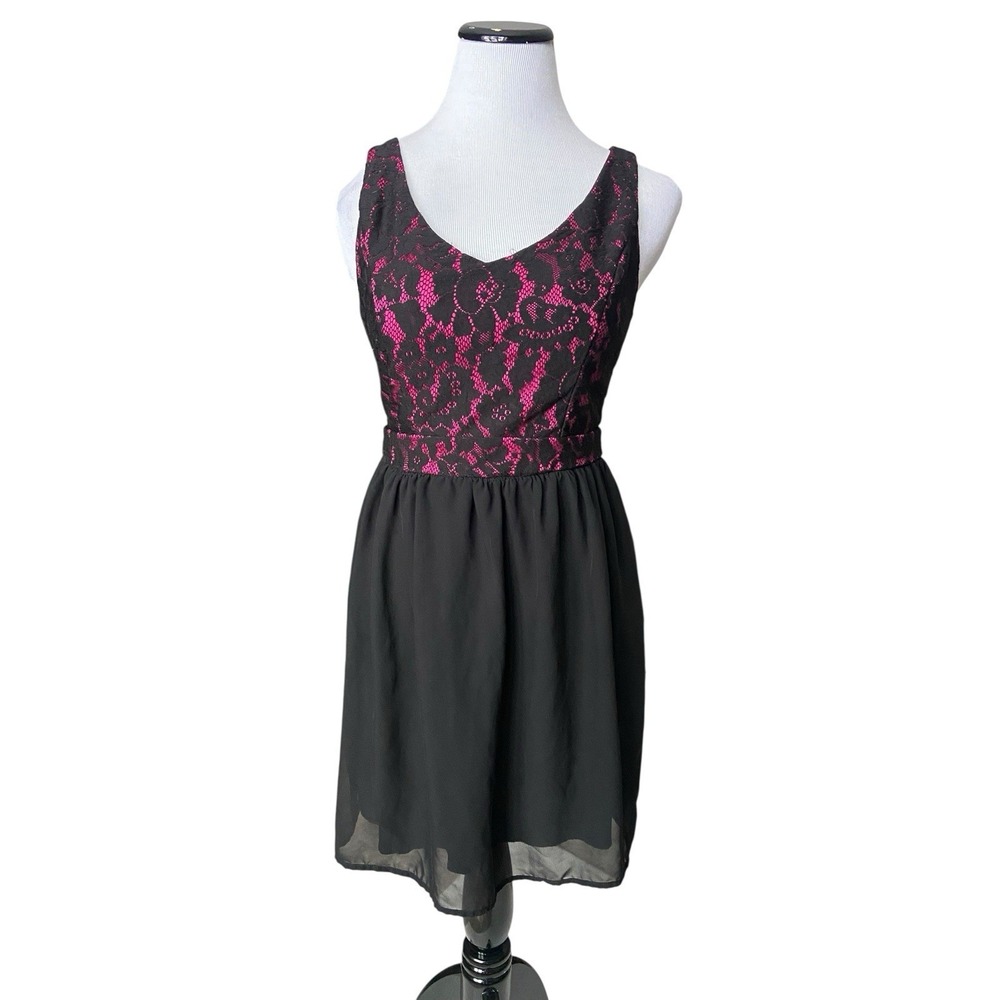 Y2K Black Pink Lace Overlay Fit &‎ Flare Dress Size M Coquette Party Emo Scene